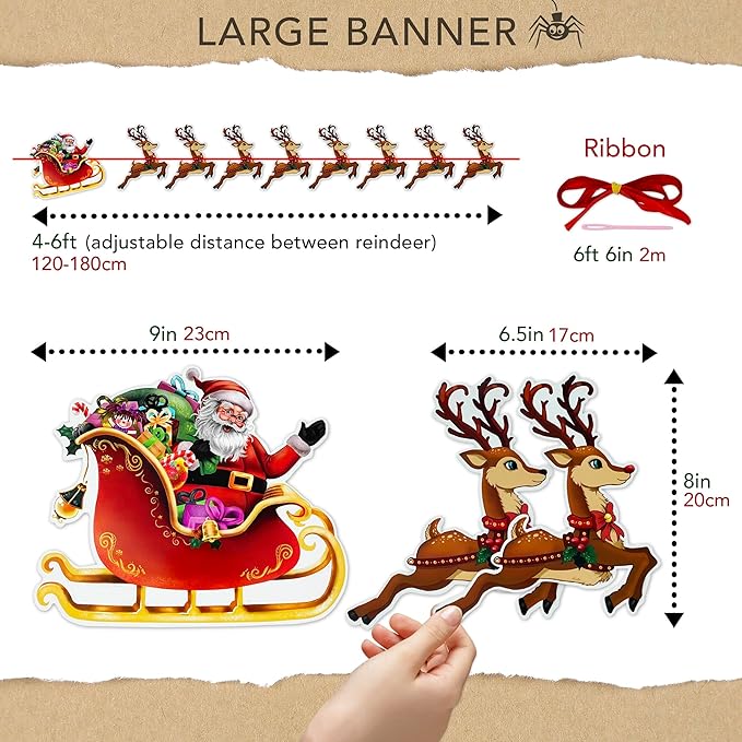 Christmas Bunting - Santa and Reindeer Christmas Banner, Hanging Xmas