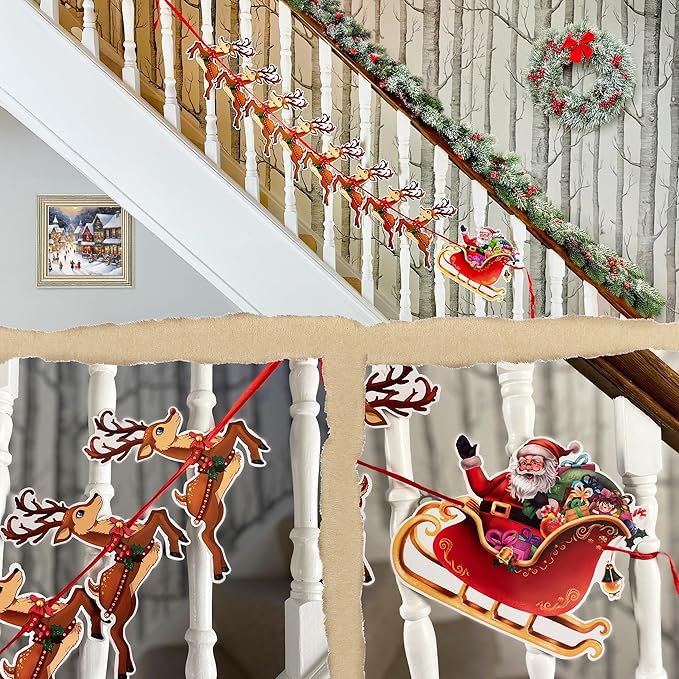 Christmas Bunting - Santa and Reindeer Christmas Banner, Hanging Xmas