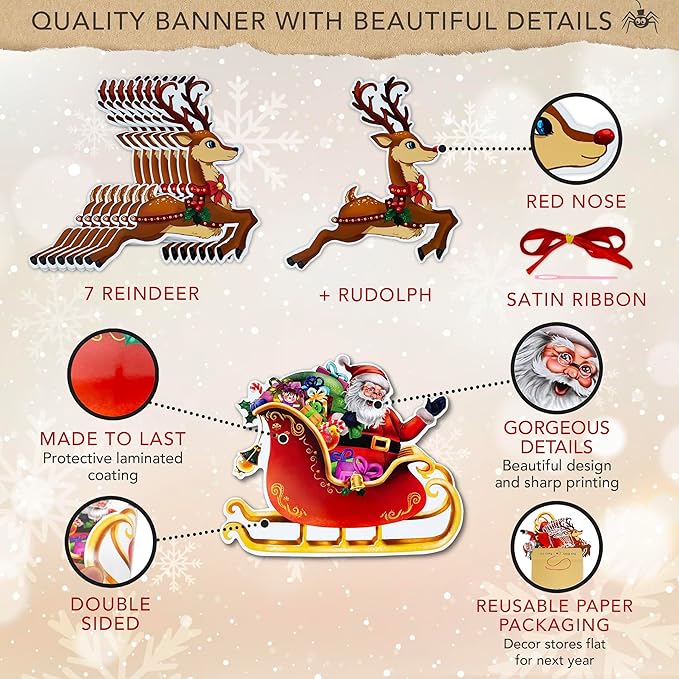 Christmas Bunting - Santa and Reindeer Christmas Banner, Hanging Xmas