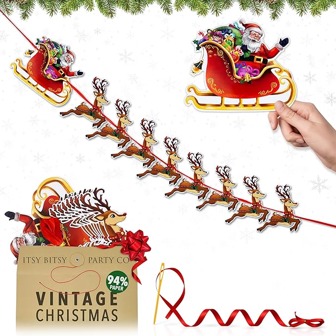 Christmas Bunting - Santa and Reindeer Christmas Banner, Hanging Xmas